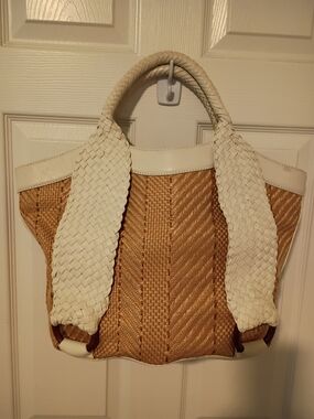 Cole Haan Tarran Tan Woven Tote with White Braided Handles NWOT